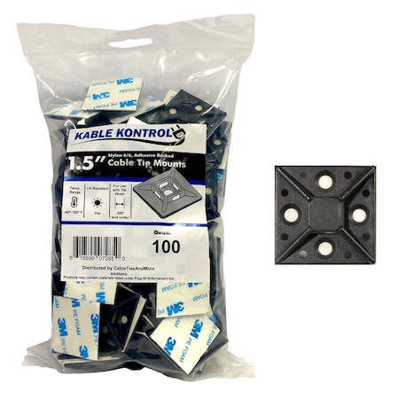 Kable Kontrol® Adhesive Cable Tie Mounts - 1-1/2 Sq - UV Black Nylon - 100 Pcs